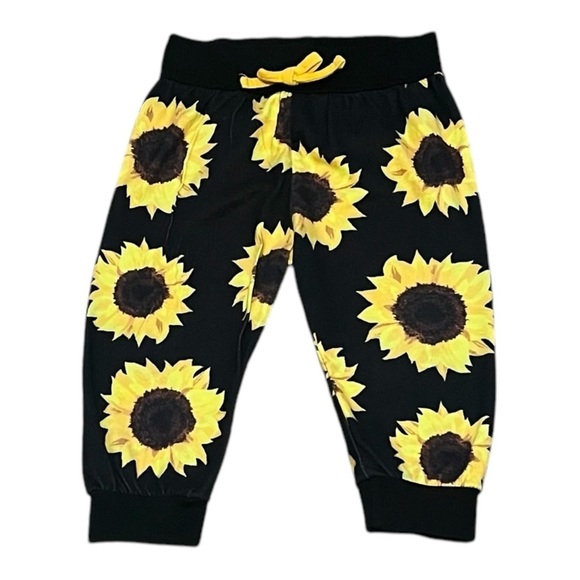 Girls 100 ( 3T) Sunflower Print Black Joggers elastic waist string detail - Picture 1 of 6